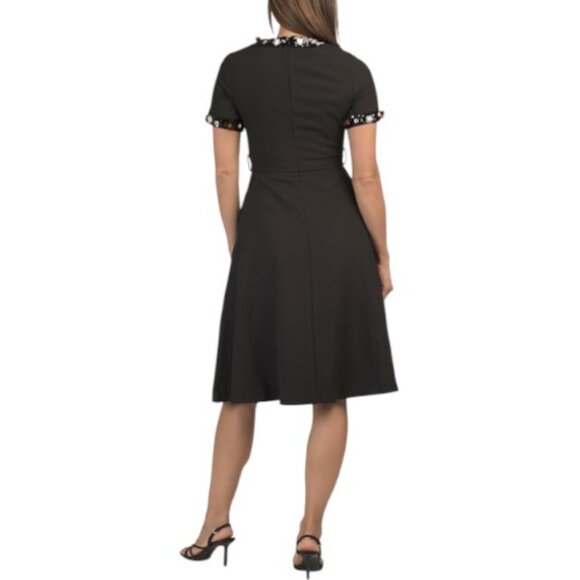 DALIA MACPHEE Short Sleeve Embellished Trim Bow Tie Neck Dress - Picture 2 of 4